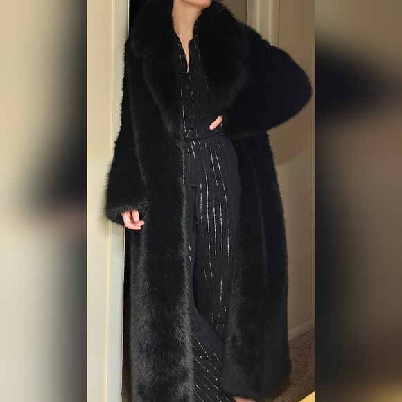 Black Faux Fur Coat Full Length Mob Wife Teddy Jacket Baddie Old Money Luxury - Picture 2 of 5